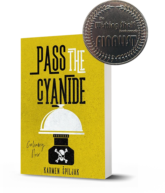 Pass the Cyanide 3D book with a yellow cover and black and white text, a bottle of poison with skill and a white cloche on top