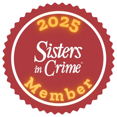 Red 2025 Sisters in Crime membership  badge with white and yellow letters